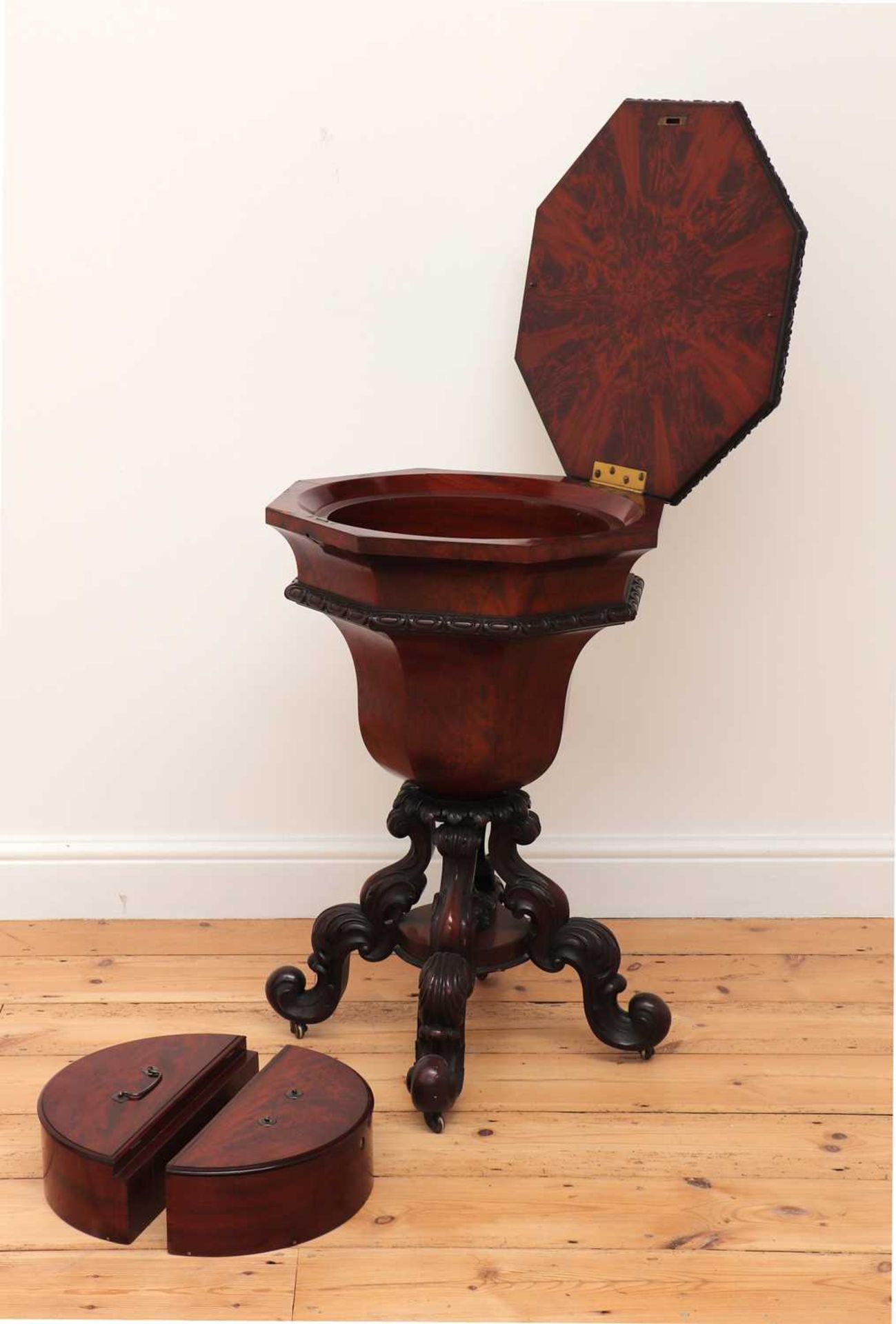 A Victorian flame mahogany teapoy by Gillows of Lancaster, - Image 4 of 8