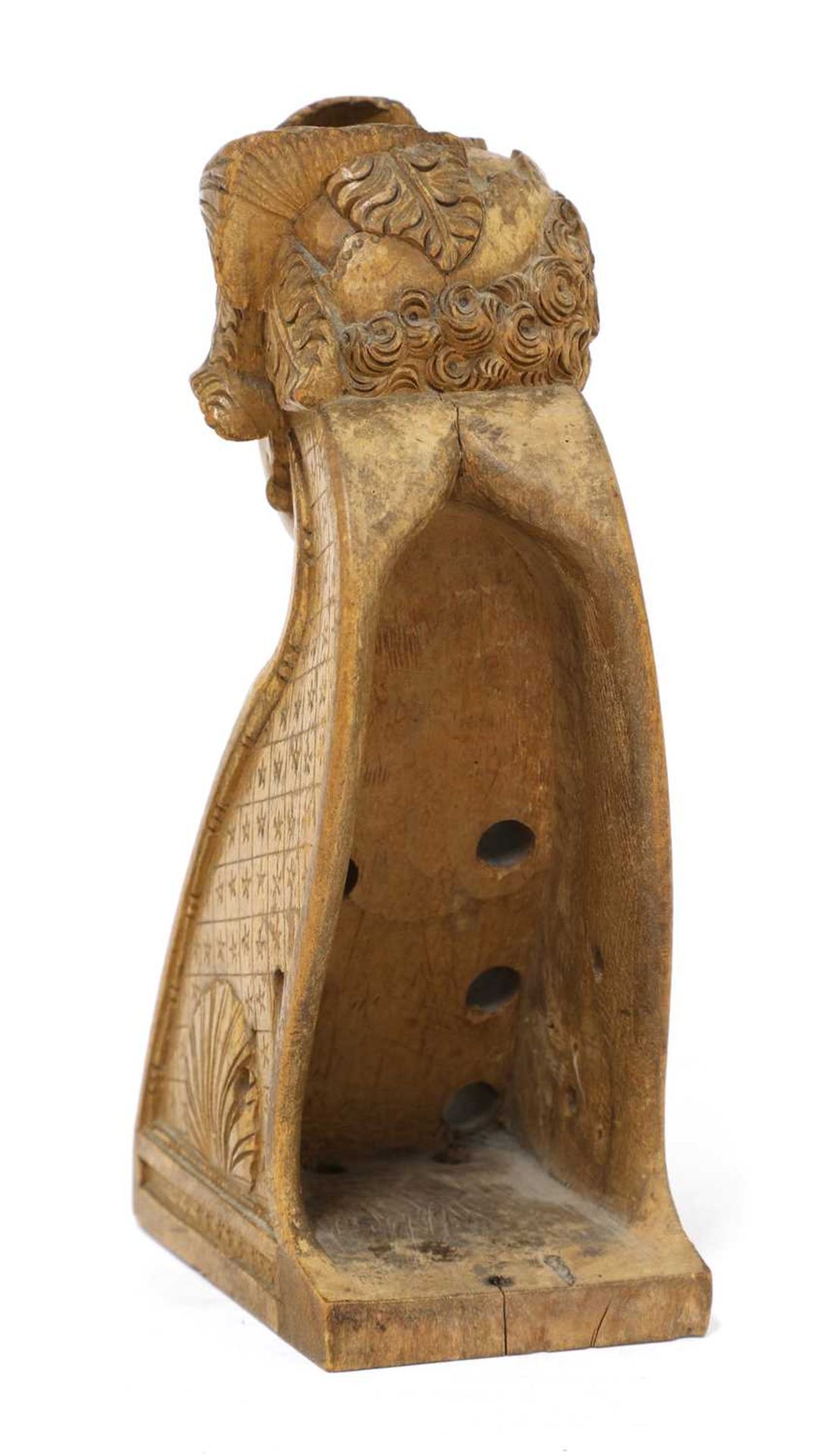 A carved wooden hurdy-gurdy stock head, - Bild 7 aus 8