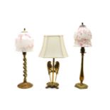 Three brass electric table lamps,
