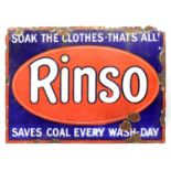 An enamel advertising sign, 'Rinso, Soak the Clothes, That's All, Saves coal every day'