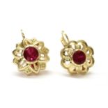 A pair of 14ct gold synthetic ruby asymmetric earrings,