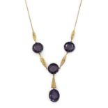 A gold synthetic colour change corundum necklace,