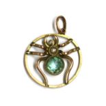 An Edwardian gold paste and split pearl spider pendant,