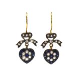 A pair of silver and gold, sapphire, diamond and split pearl drop earrings,