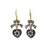 A pair of silver and gold, sapphire, diamond and split pearl drop earrings,