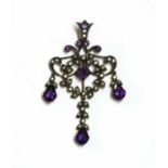 A silver and gold, amethyst, split pearl and diamond pendant,