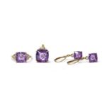 A gold cushion shaped fantasy cut amethyst and diamond ring, pendant and earrings suite,