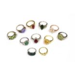 A quantity of silver and silver gilt gem set rings,