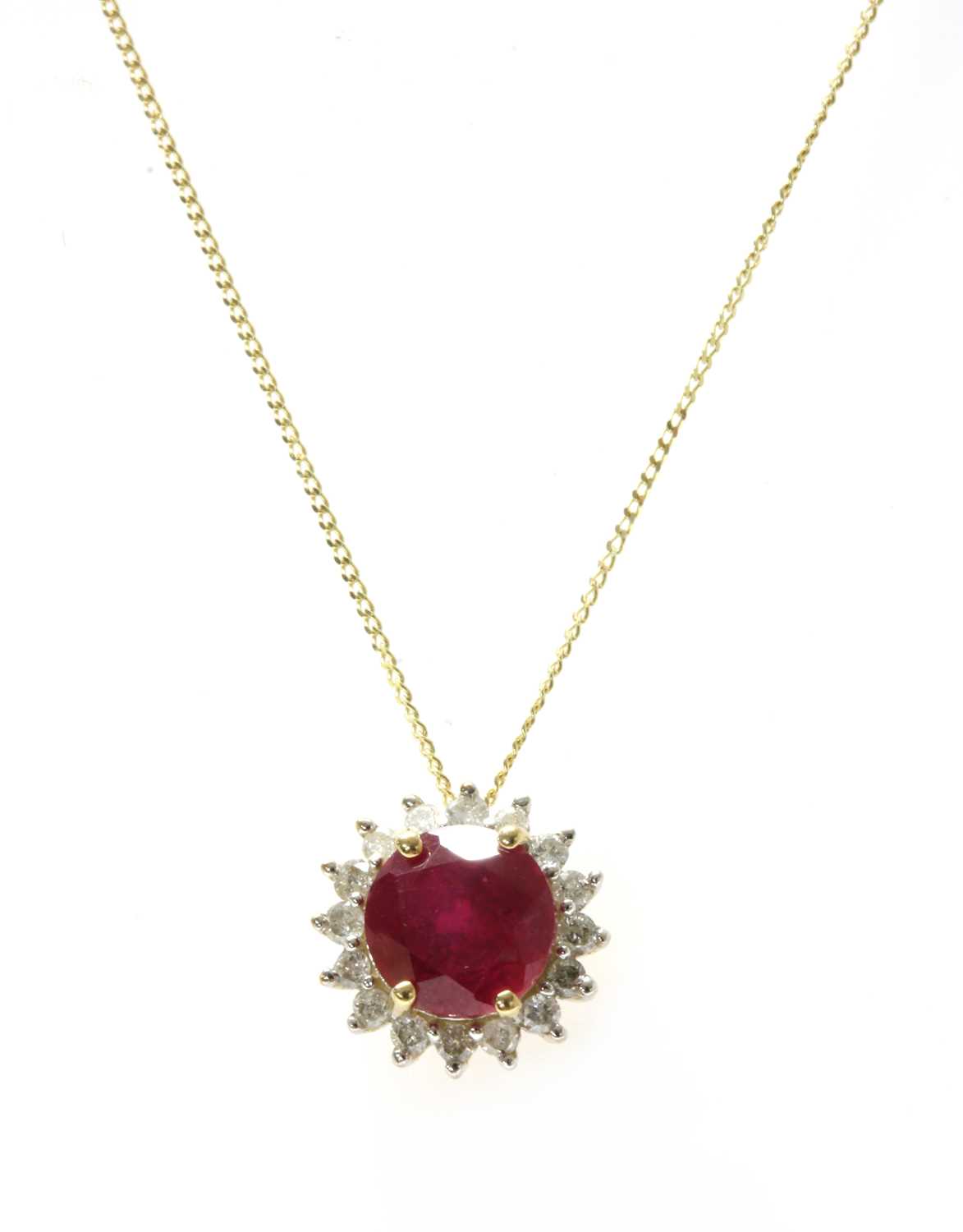 A gold fracture filled ruby and diamond cluster pendant, - Image 2 of 2