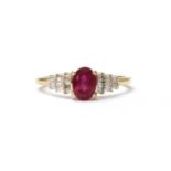 A gold fracture filled ruby and diamond ring,