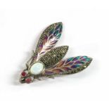 A silver plique-à-jour enamel and assorted gemstone insect brooch/pendant,