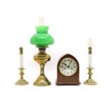 An Edwardian inlaid mahogany lancet form mantel clock,