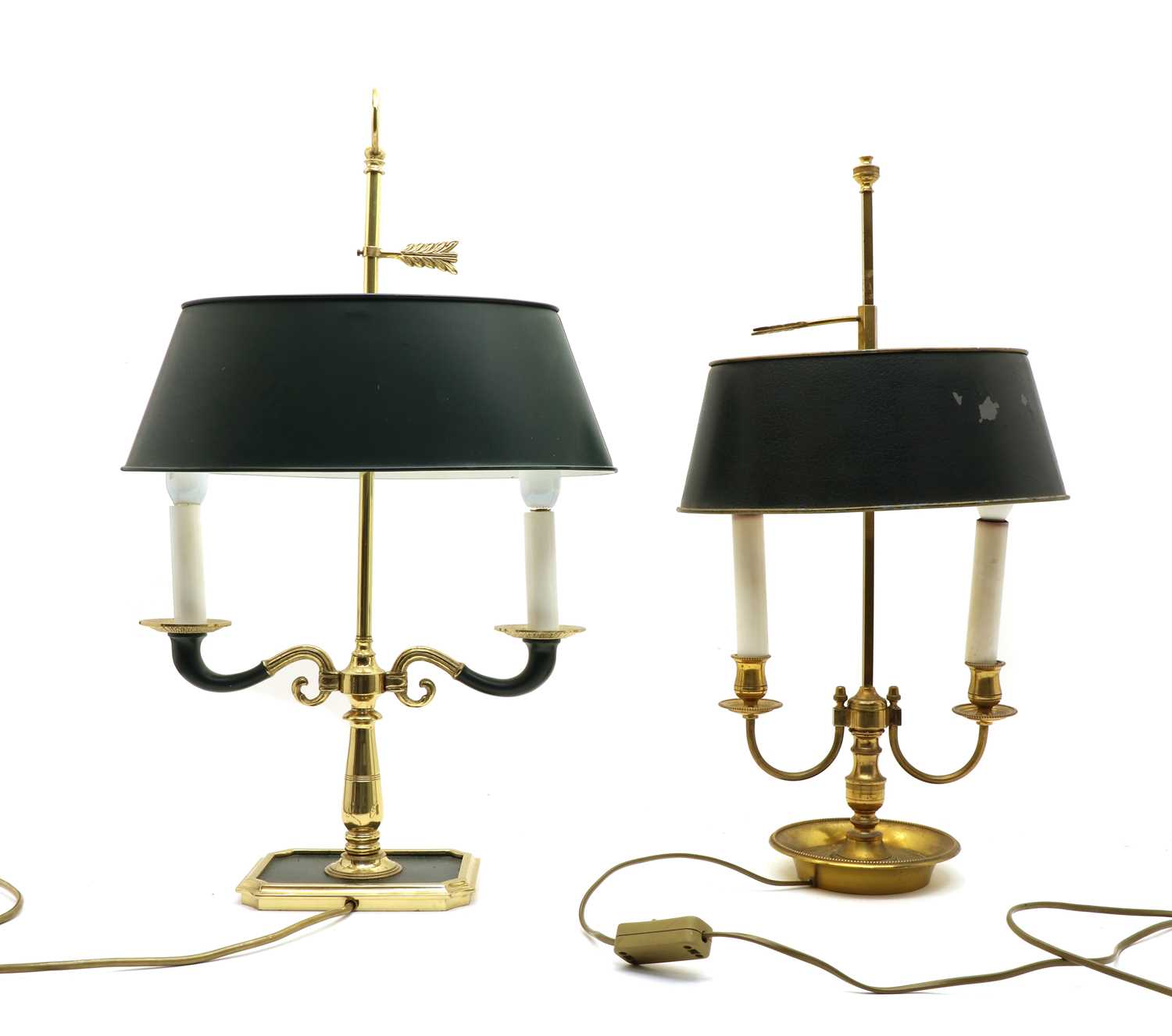 Two Empire style brass two-light table lamps,