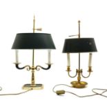 Two Empire style brass two-light table lamps,