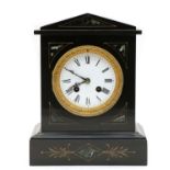 A Victorian black slate mantel clock,