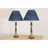 A pair of French Empire-style patinated and gilt-bronze candlestick lamps,