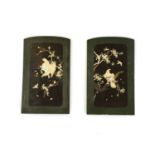 A pair of early 20th century green and black lacquer and shibyama panels,