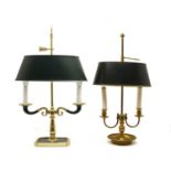 Two Empire style brass two-light table lamps,