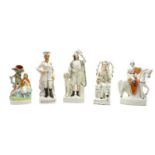 Five Staffordshire pottery figures