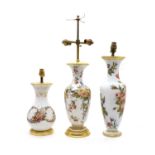 A group of three Opaline and enamelled table lamps,