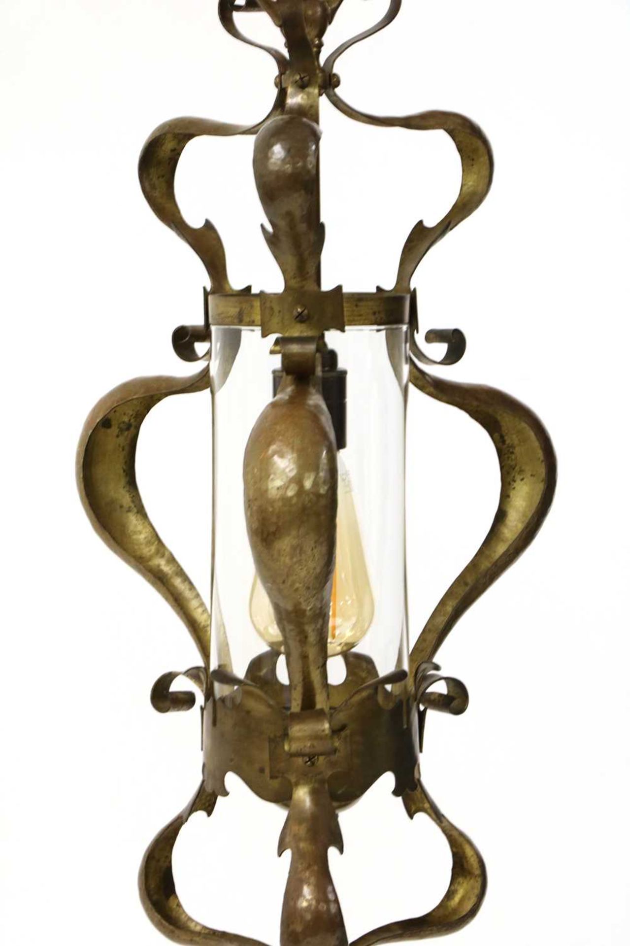 An Arts and Crafts brass hanging hall lantern, - Image 4 of 4