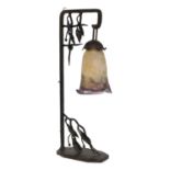 A Muller Frères glass and wrought iron table lamp,