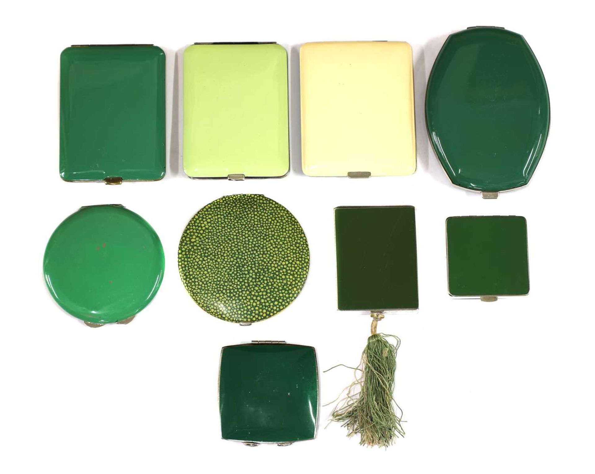 Nine Art Deco design green enamelled and coloured compacts, - Image 2 of 6