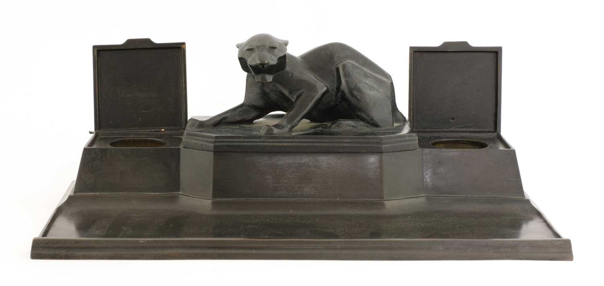 An Art Deco patinated bronze desk set, - Image 3 of 5