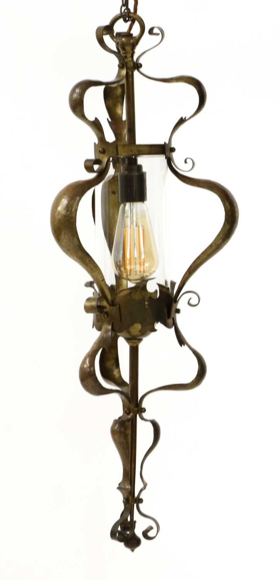 An Arts and Crafts brass hanging hall lantern, - Image 2 of 4