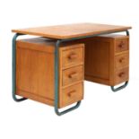 An oak and tubular-framed desk,