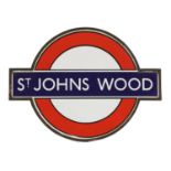 A London Underground enamelled station sign: 'St Johns Wood',