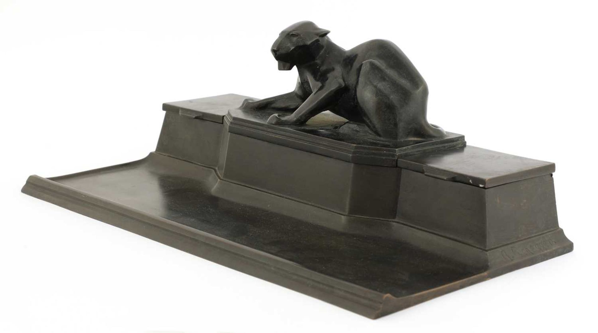 An Art Deco patinated bronze desk set, - Image 2 of 5