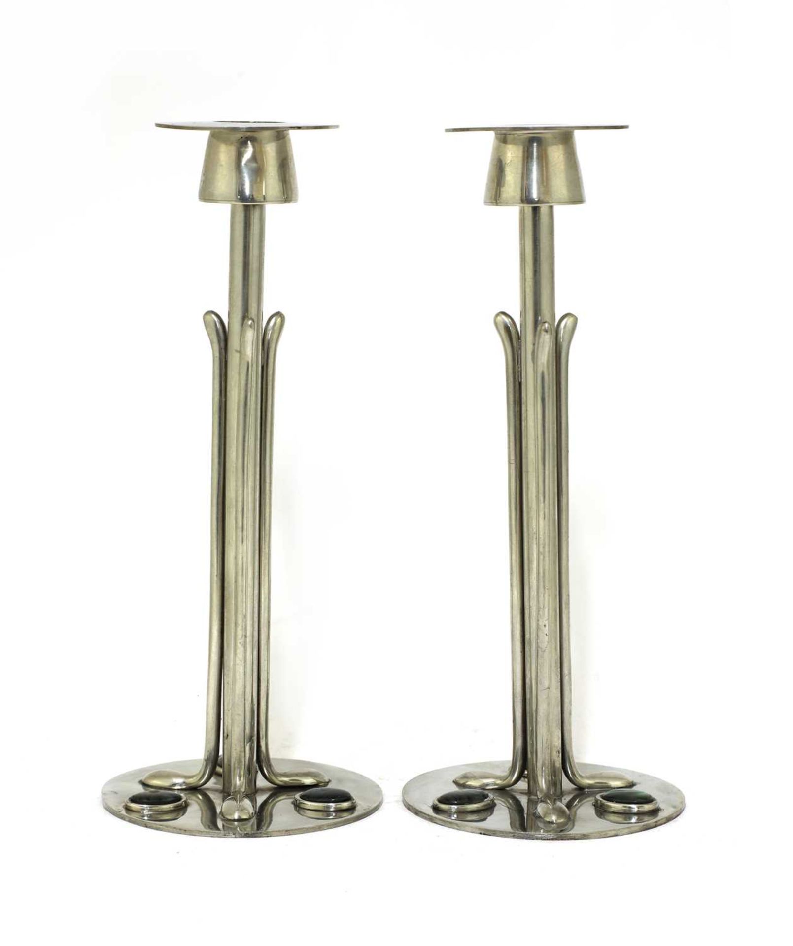 A pair of Arts and Crafts pewter and abalone-mounted candlesticks, - Image 2 of 4