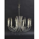 A hanging silver-plated twelve-light chandelier,