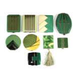 Nine Art Deco design green enamelled and coloured compacts,