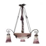 An Art Deco Muller Frères glass and wrought iron ceiling light,