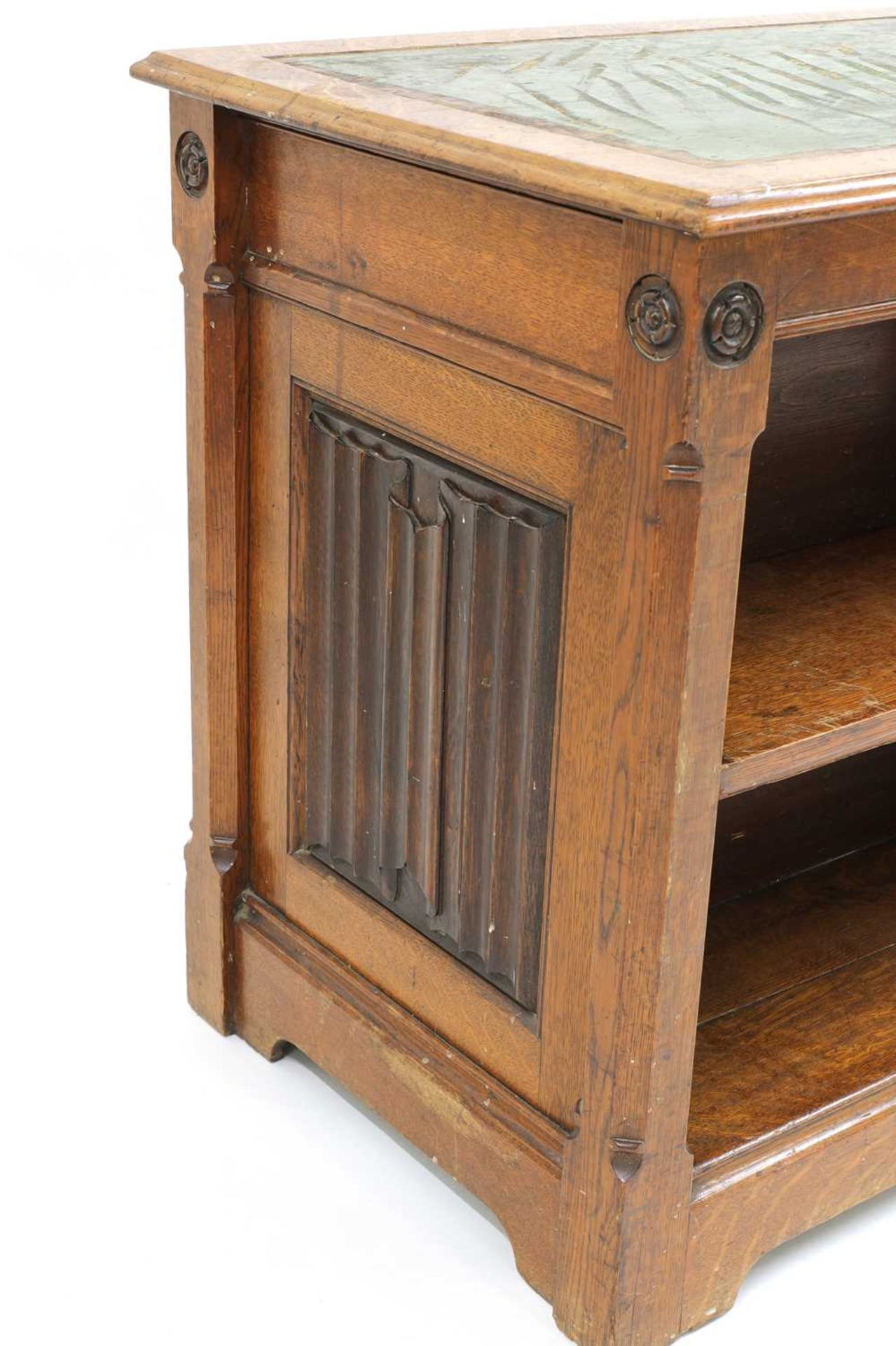 An oak Gothic Revival double-sided open bookcase, - Image 3 of 4