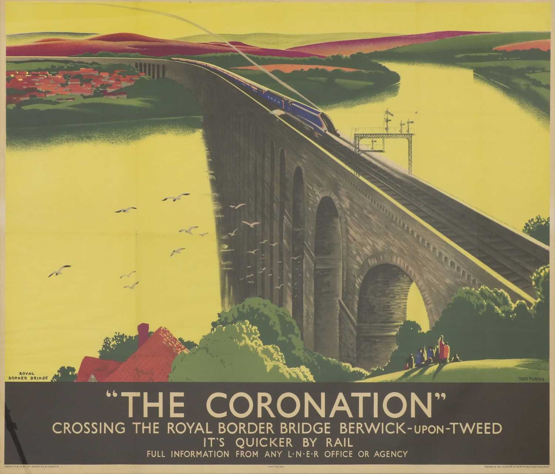 An LNER travel poster: 'The Coronation Crossing the Royal Border Bridge Berwick-upon-Tweed',