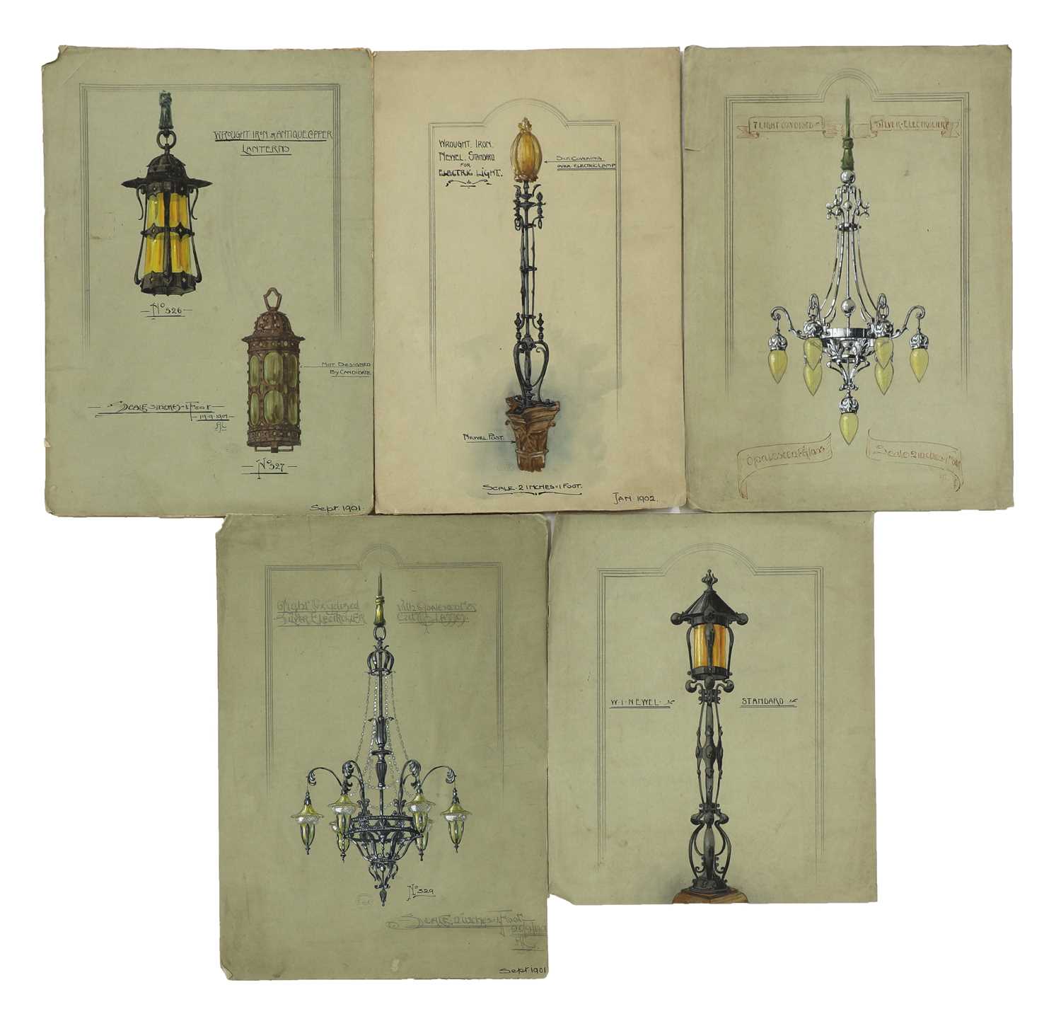 A set of five Arts and Crafts lighting designs,