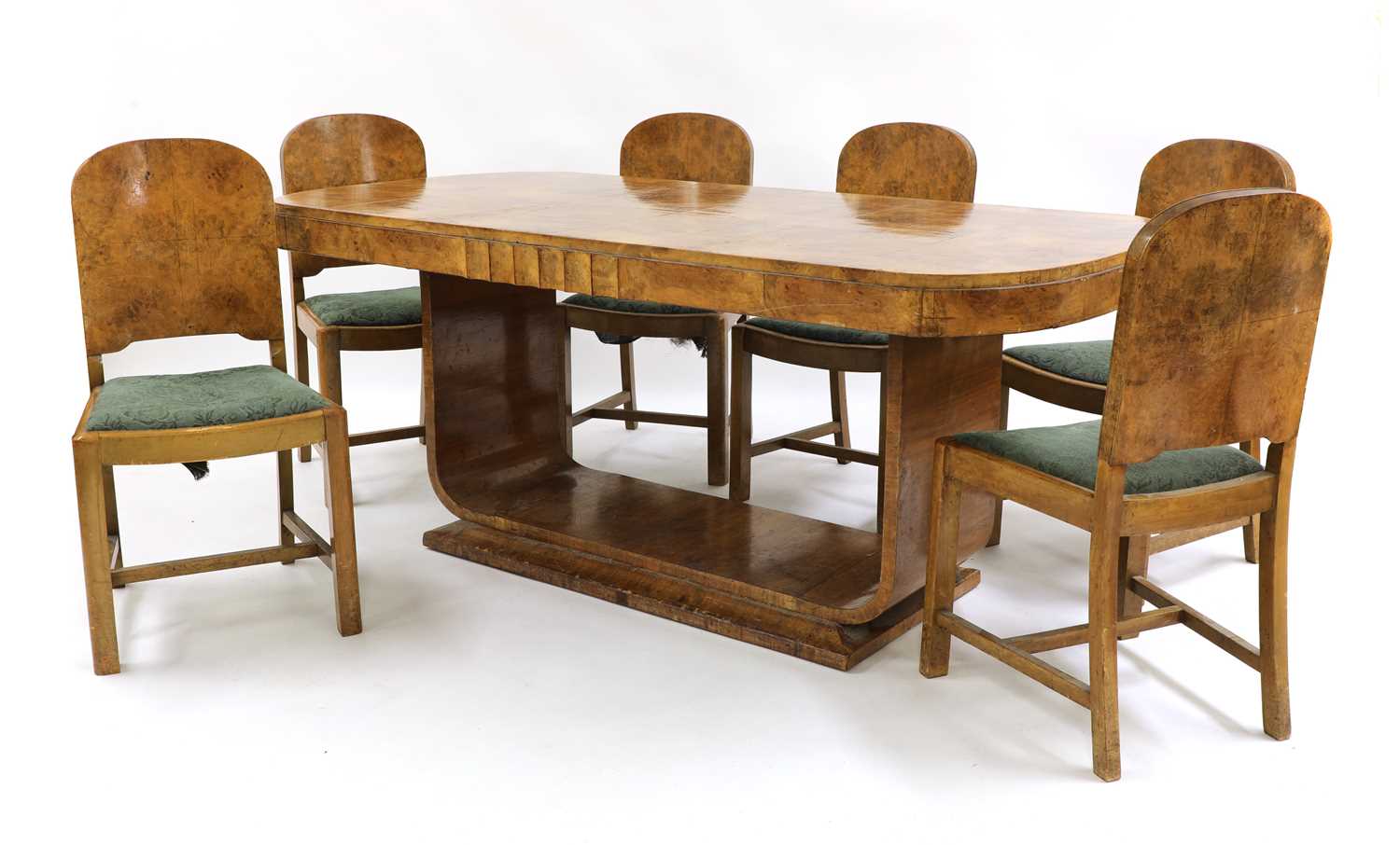 An Art Deco burr walnut dining suite,