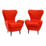 A pair of red baize chairs,