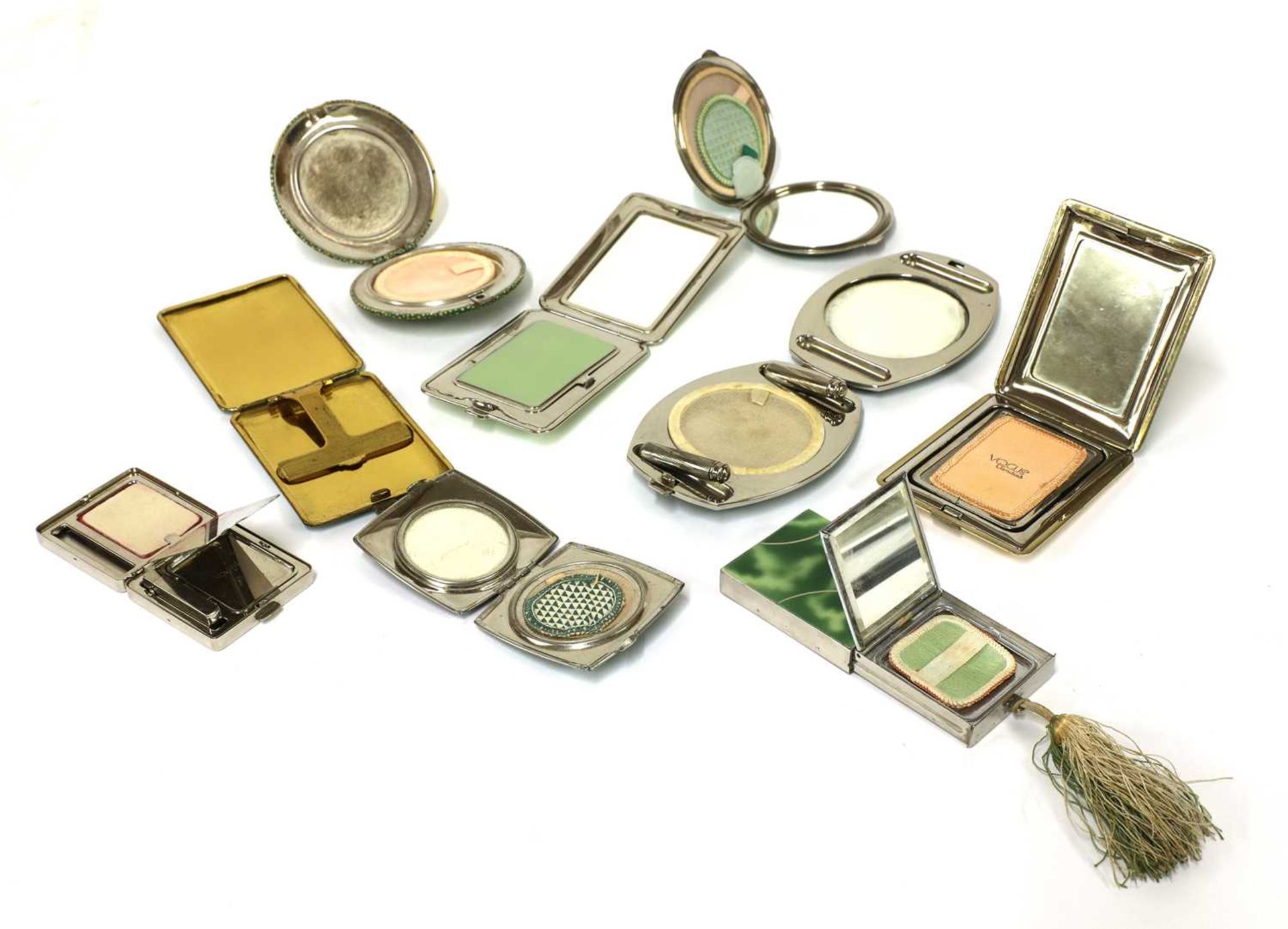 Nine Art Deco design green enamelled and coloured compacts, - Image 3 of 6