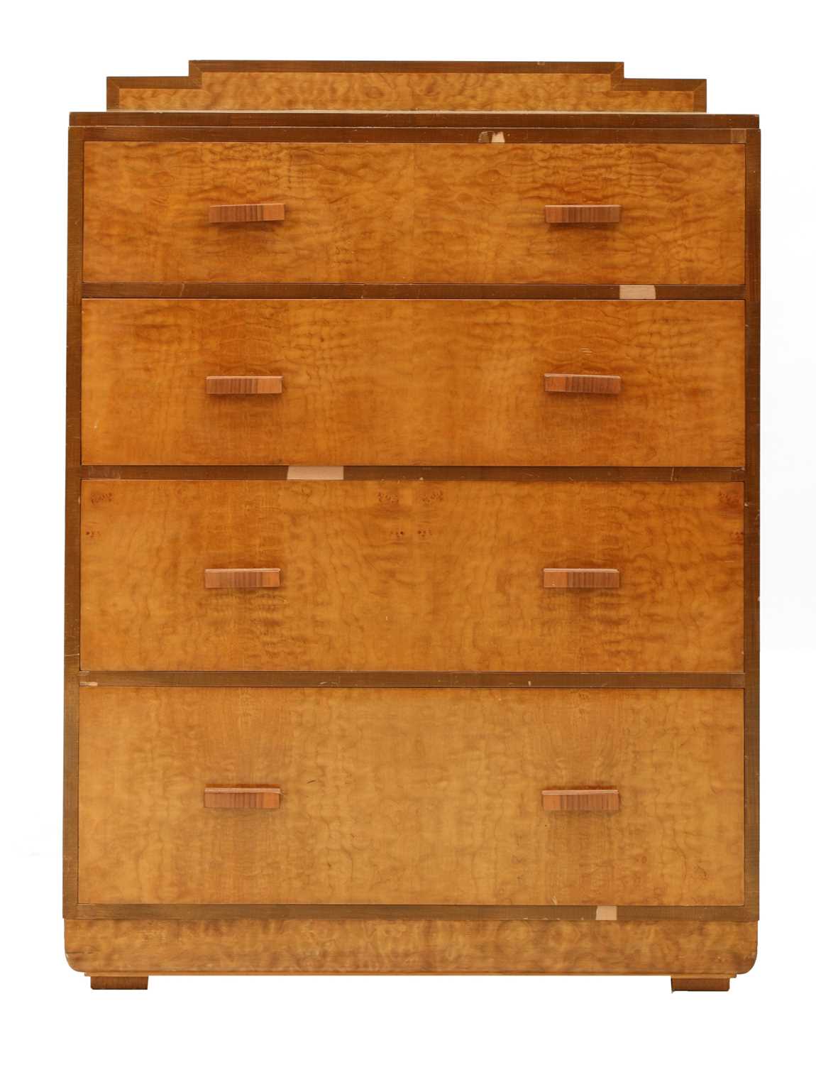 An Art Deco walnut and maple chest of drawers,