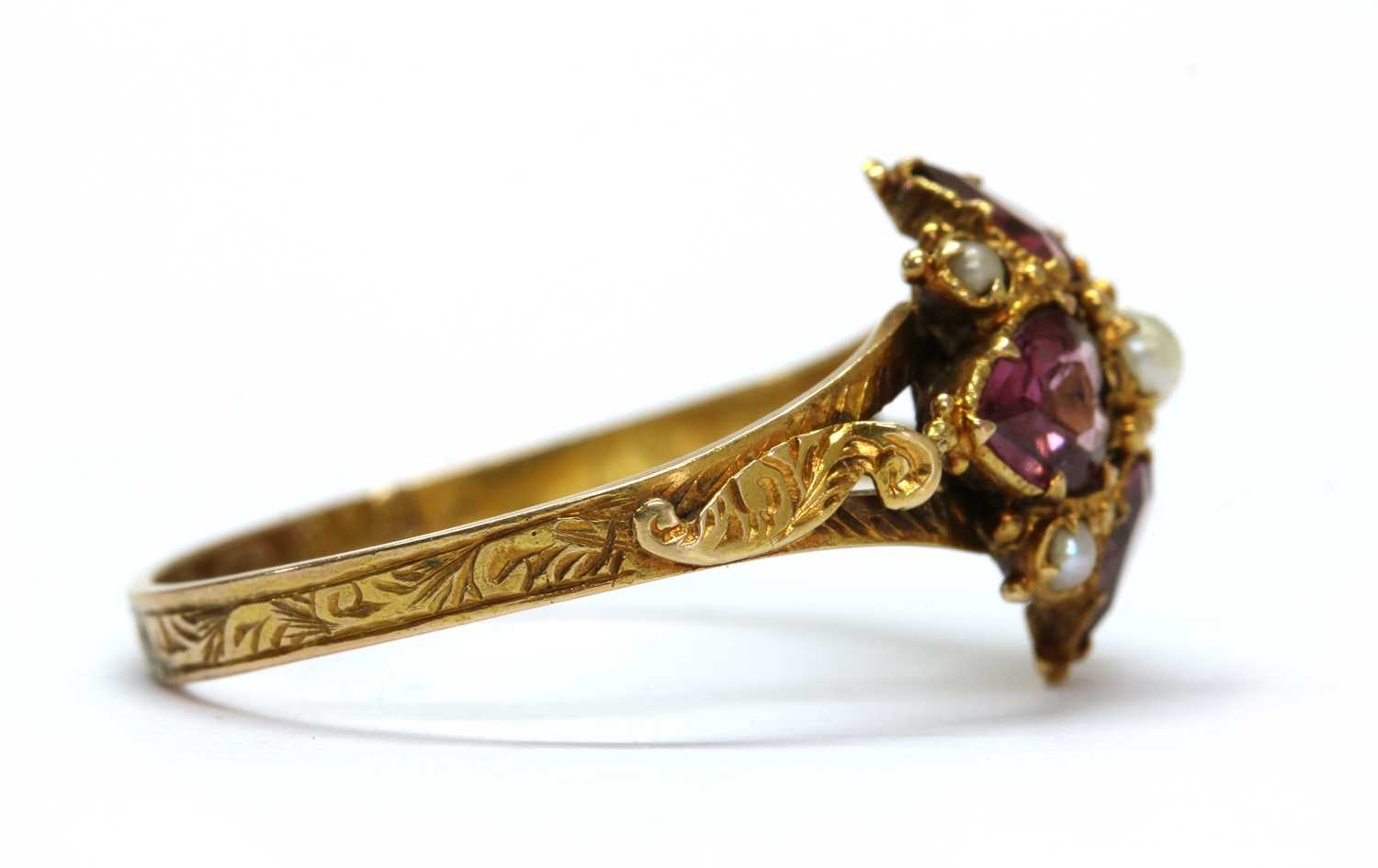 A Victorian 15ct gold garnet and split pearl ring, - Image 3 of 3