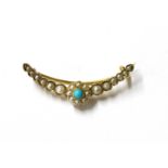 A late Victorian gold turquoise and split pearl open crescent brooch,