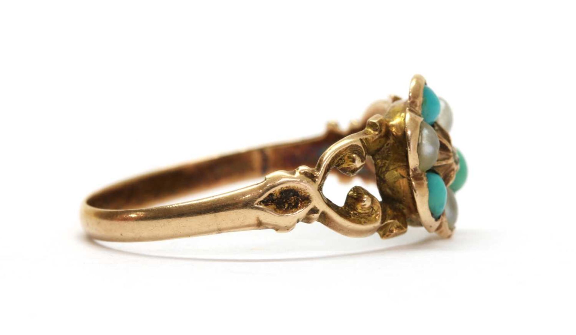 A Victorian gold diamond, turquoise and split pearl daisy cluster ring, - Image 2 of 3
