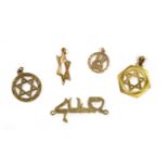 Five gold Jewish pendants,