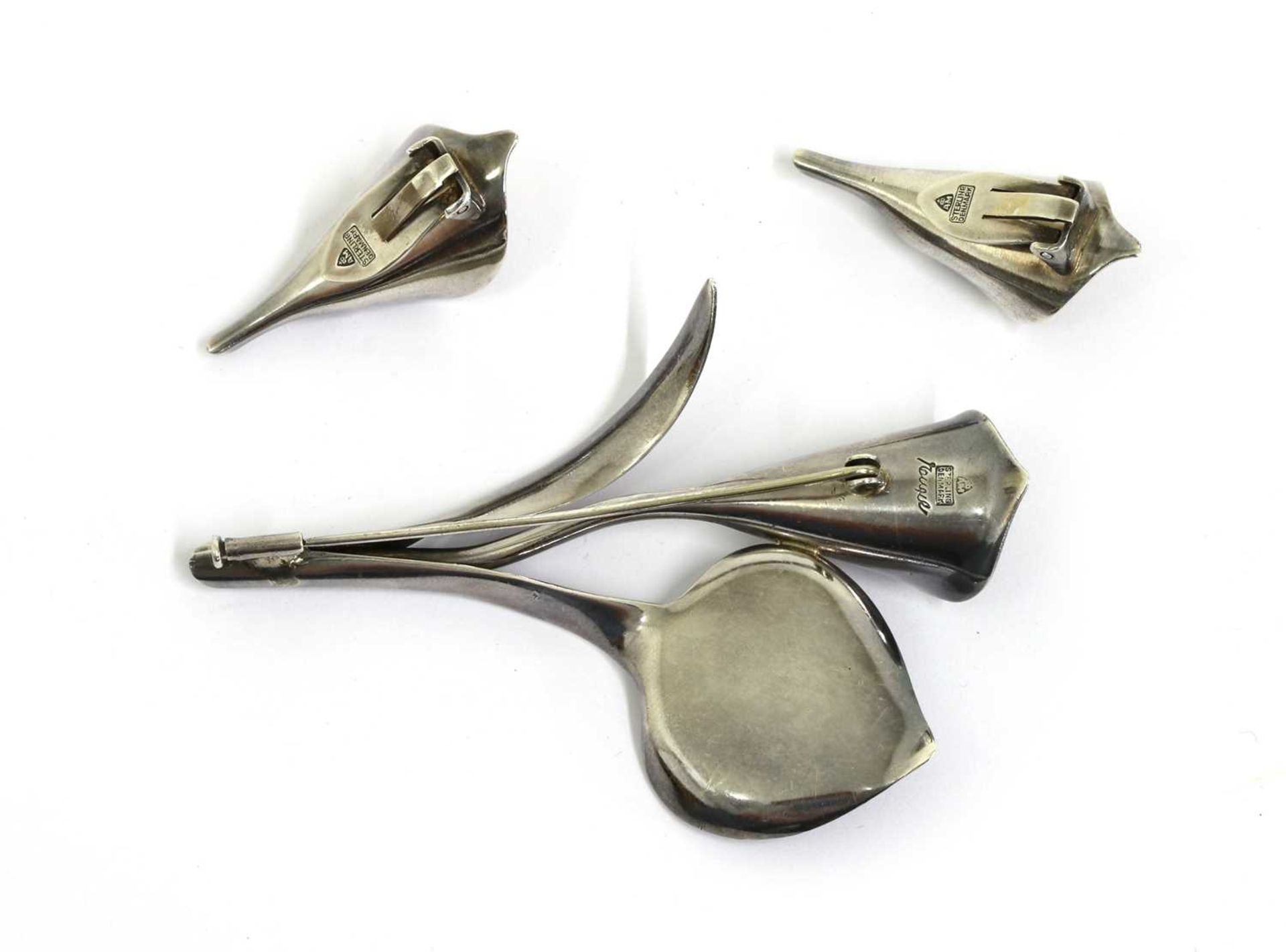 A Danish silver calla lily brooch and earrings suite, by Anton Michelsen, - Image 2 of 3