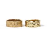 Two 9ct gold patterned flat section wedding rings,