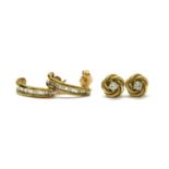 Two pairs of 9ct gold diamond earrings,